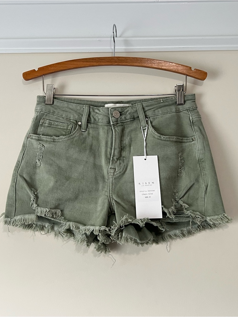 RISEN Olive Green Distressed Denim Shorts - Picture 3 of 11